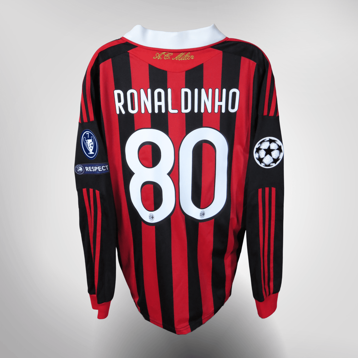 Vintage AC Milan 2009-2010 Home longsleeve football shirt with Ronaldinho 80 print, size L | Nostalgic Football Shirts