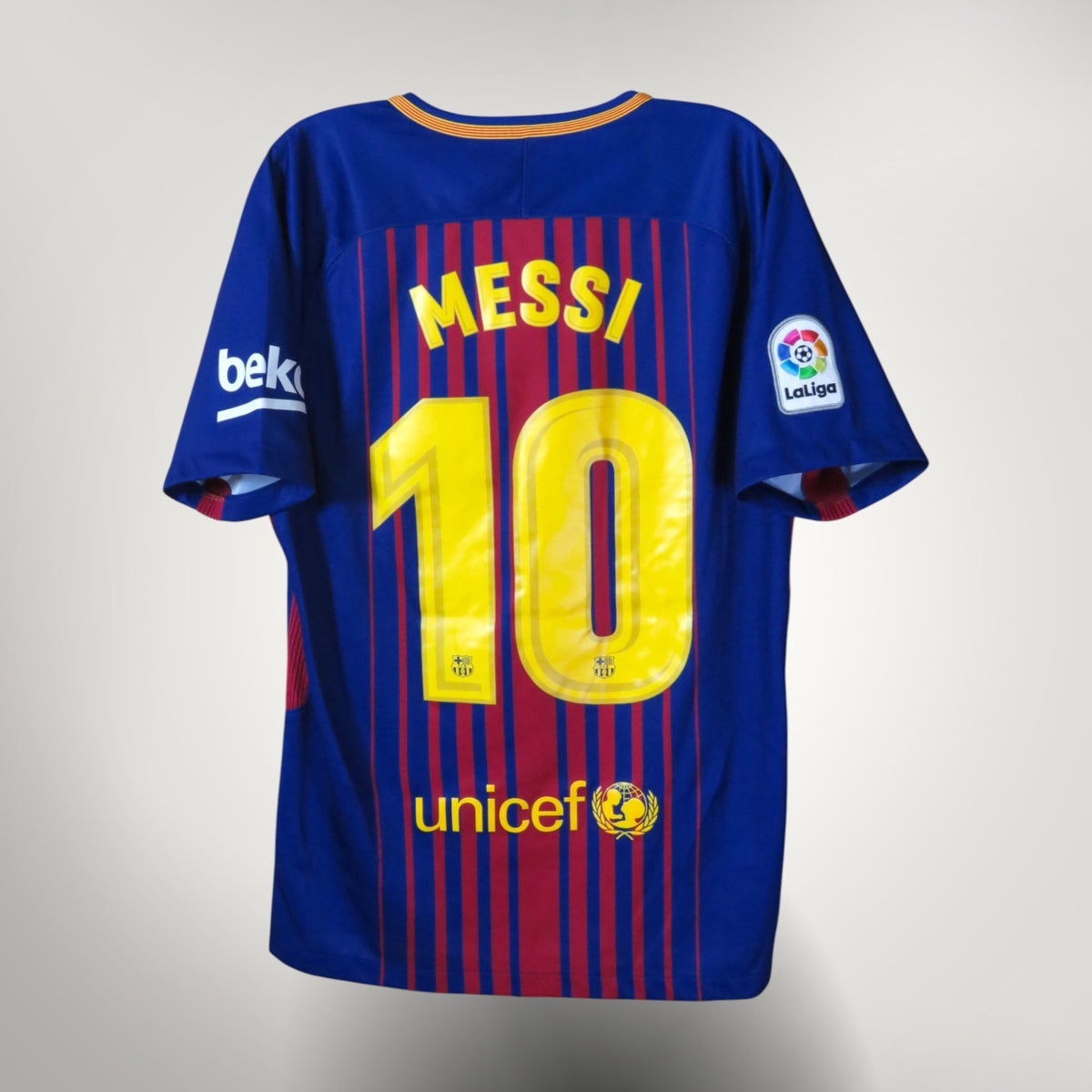 Vintage Barcelona 2017-2018 Home football shirt with Messi 10 print, size S, product code 847255-456 | Nostalgic Football Shirts