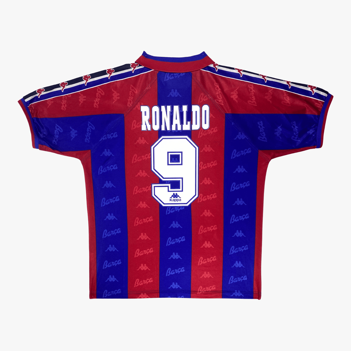 Vintage FC Barcelona 1995-1997 Home football shirt with Ronaldo 9 print, size XL | Nostalgic Football Shirts