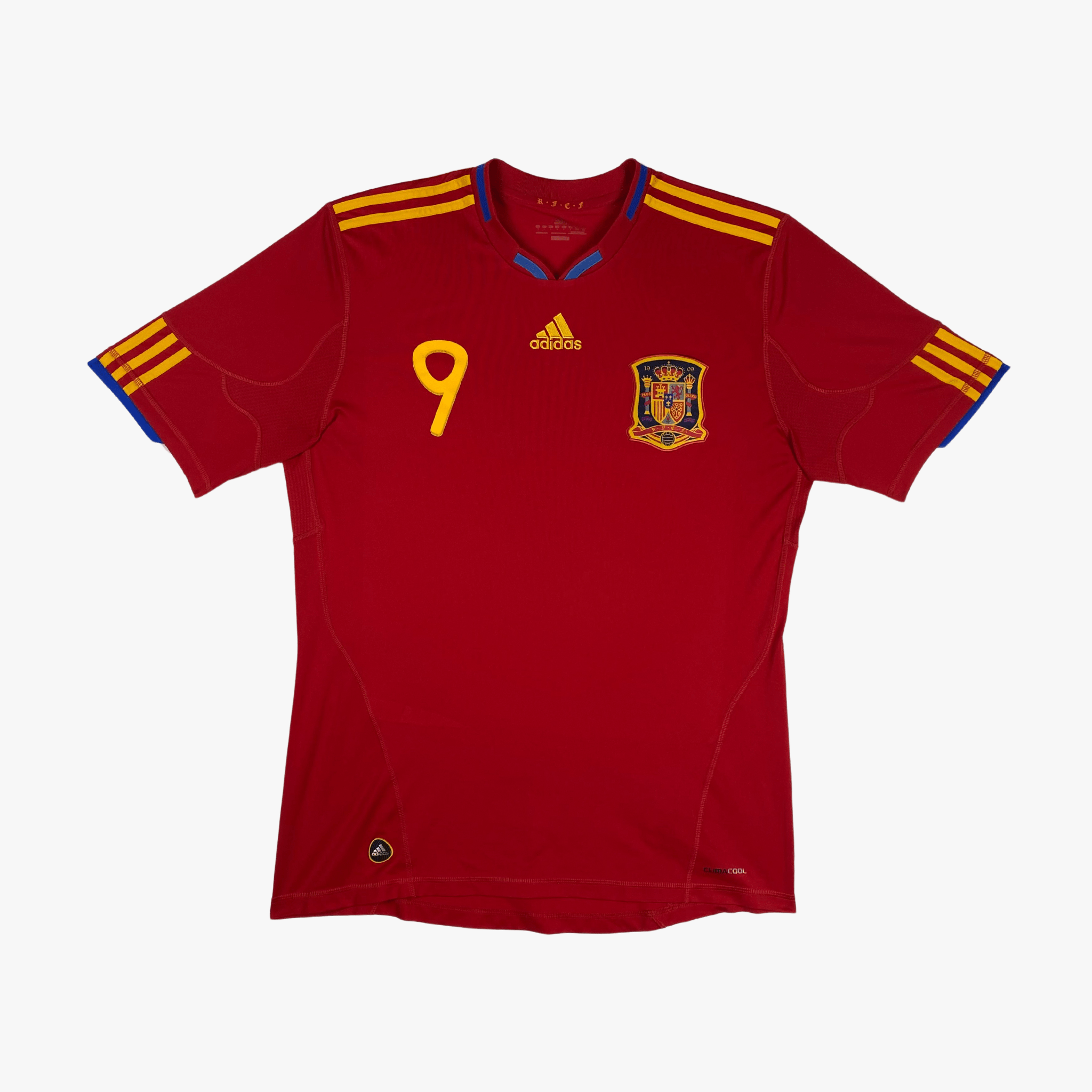 Front view of vintage Spain 2009/10 home football shirt - Torres #9 - Adidas - size L